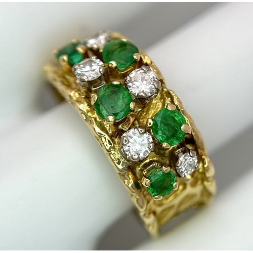 37 - An 18K Yellow Gold Emerald and Diamond Band Ring. c. 0.50ctw of round cut emeralds and c. 0.50ctw of... 