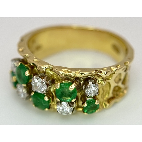 37 - An 18K Yellow Gold Emerald and Diamond Band Ring. c. 0.50ctw of round cut emeralds and c. 0.50ctw of... 