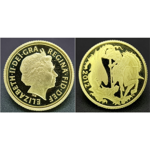 1415 - A 2012 QUEEN ELIZABETH II FOURTH HEAD, PROOF CONDITION, HALF SOVEREIGN COIN. 22K GOLD.  9724 - 4