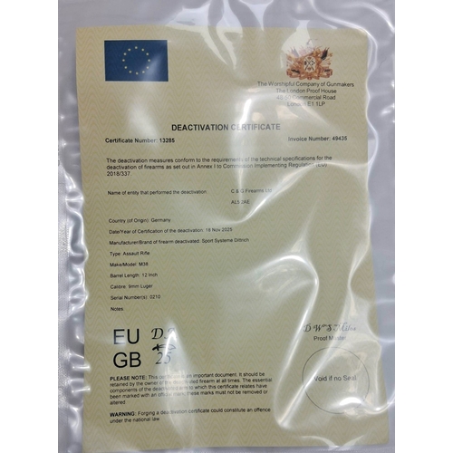 280 - A Rare, Deactivated German SDS 9mm Sub-Machine Gun. Model M38 (BD38). Good condition with bakelite s... 