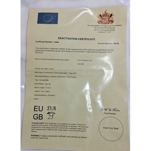 839 - A Deactivated Vintage Chinese Model 56 Assault Rifle. 7.62 x 39 calibre. Bakelite furniture. Folding... 