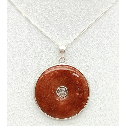 1699 - A Stylish Sterling Silver Oriental Carnelian Set Pendant Necklace- 46cm Length Chain. The Pendant me... 
