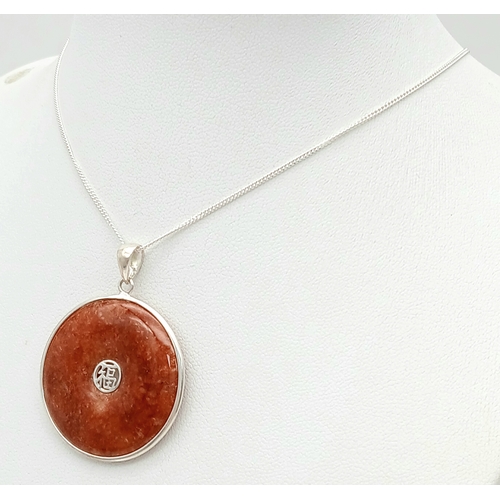 1699 - A Stylish Sterling Silver Oriental Carnelian Set Pendant Necklace- 46cm Length Chain. The Pendant me... 