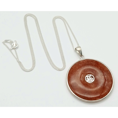 1699 - A Stylish Sterling Silver Oriental Carnelian Set Pendant Necklace- 46cm Length Chain. The Pendant me... 