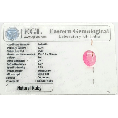 1437 - A Certificated Sterling Silver and 11 Carat Ruby Pendant Necklace-46cm Length Chain. The Pendant is ... 