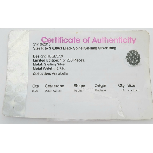 1697 - An Impressive Sterling Silver Black Spinel Cluster Ring Size R1/2. The Ring has a total of 6 Carats ... 