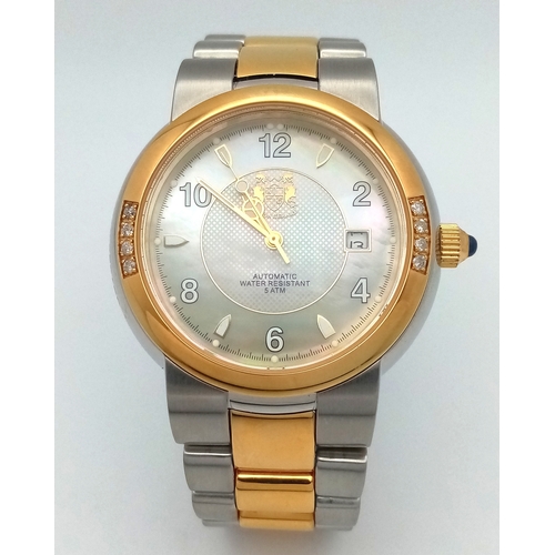1398 - An Aston Gerard Stainless Steel and Gold-Plated Genuine Diamond Set Automatic Watch. 41mm Case. Comp... 