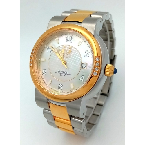 1398 - An Aston Gerard Stainless Steel and Gold-Plated Genuine Diamond Set Automatic Watch. 41mm Case. Comp... 
