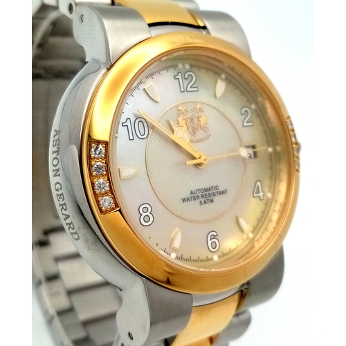 1398 - An Aston Gerard Stainless Steel and Gold-Plated Genuine Diamond Set Automatic Watch. 41mm Case. Comp... 