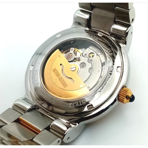 1398 - An Aston Gerard Stainless Steel and Gold-Plated Genuine Diamond Set Automatic Watch. 41mm Case. Comp... 