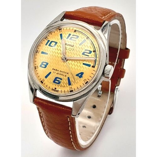 1218 - A VINTAGE HMT PILOT MANUAL WIND WATCH. PARA SHOCK 17 JEWELLS ON BROWN LEATHER STRAP . Ref: S/A 1495 ... 