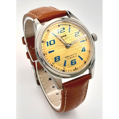 1218 - A VINTAGE HMT PILOT MANUAL WIND WATCH. PARA SHOCK 17 JEWELLS ON BROWN LEATHER STRAP . Ref: S/A 1495 ... 