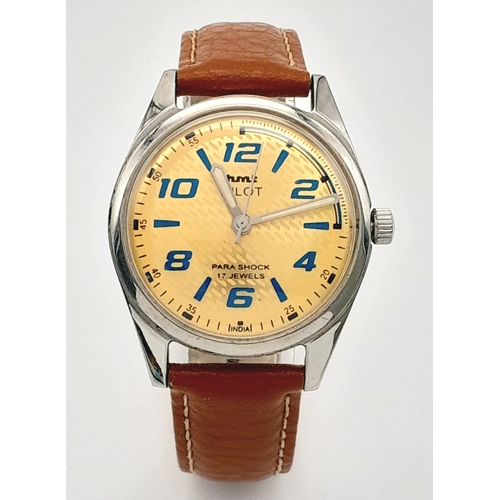 1218 - A VINTAGE HMT PILOT MANUAL WIND WATCH. PARA SHOCK 17 JEWELLS ON BROWN LEATHER STRAP . Ref: S/A 1495 ... 