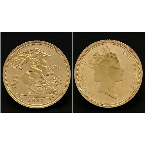 1548 - A 1993 QUEEN ELIZABETH II THIRD HEAD, PROOF CONDITION, HALF SOVEREIGN COIN. 22K GOLD. 9724-6.
