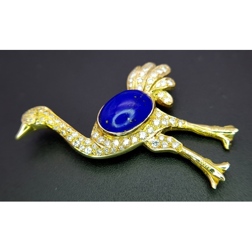 22 - An 18K YELLOW GOLD DIAMOND AND LAPIS LAZULI SET OSTRICH PIN BROOCH 11.5G WFBB. Ref: TH 7002