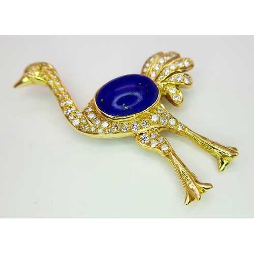 22 - An 18K YELLOW GOLD DIAMOND AND LAPIS LAZULI SET OSTRICH PIN BROOCH 11.5G WFBB. Ref: TH 7002