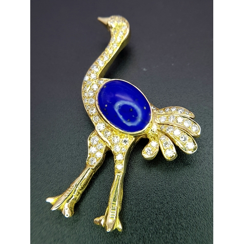 22 - An 18K YELLOW GOLD DIAMOND AND LAPIS LAZULI SET OSTRICH PIN BROOCH 11.5G WFBB. Ref: TH 7002