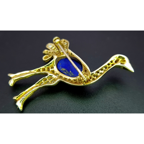 22 - An 18K YELLOW GOLD DIAMOND AND LAPIS LAZULI SET OSTRICH PIN BROOCH 11.5G WFBB. Ref: TH 7002