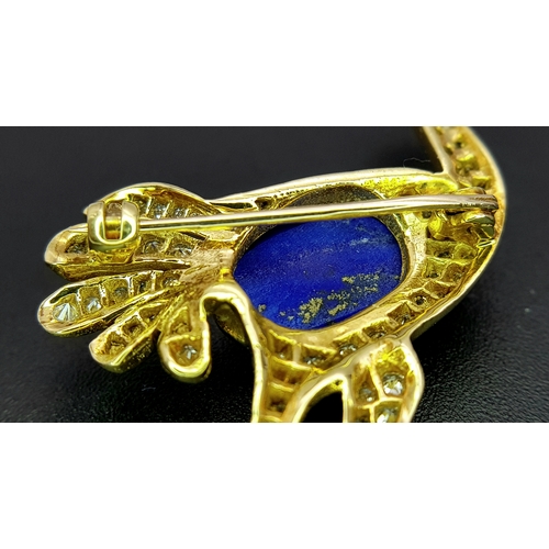22 - An 18K YELLOW GOLD DIAMOND AND LAPIS LAZULI SET OSTRICH PIN BROOCH 11.5G WFBB. Ref: TH 7002