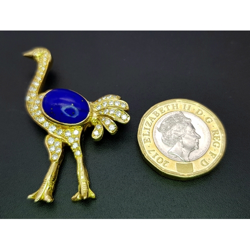 22 - An 18K YELLOW GOLD DIAMOND AND LAPIS LAZULI SET OSTRICH PIN BROOCH 11.5G WFBB. Ref: TH 7002