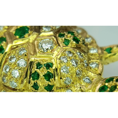 36 - An 18K YELLOW GOLD DIAMOND AND EMERALD SET TURTLE PIN BROOCH 12.4G WFBB. Ref: TH 7001