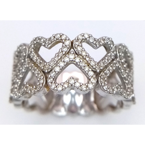 372 - A 9K WHITE GOLD TWO ROW DIAMOND SET HEARTS RING 4.8G SIZE P. Ref: TAN 7011