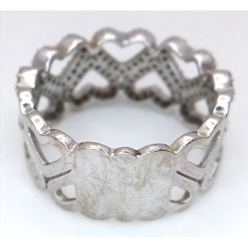 372 - A 9K WHITE GOLD TWO ROW DIAMOND SET HEARTS RING 4.8G SIZE P. Ref: TAN 7011