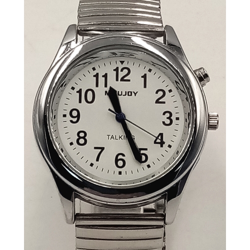 953 - A MAUJOY TALKING WATCH IN FULL WORKING ORDER WITH EXPANDING BRACELET. TELLS TIME, DATE AND HAS AN AL... 