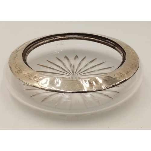 856 - 1932 Dated Hallmarked Silver Rimmed Ashtray. Dedicated to the loss of the British Aircraft Carrier S... 