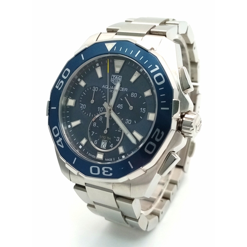 20 - A Tag Heuer Quartz Movement Gents Chronograph Aquaracer WATCH. Model CAY111B. Stainless steel bracel... 