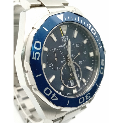 20 - A Tag Heuer Quartz Movement Gents Chronograph Aquaracer WATCH. Model CAY111B. Stainless steel bracel... 