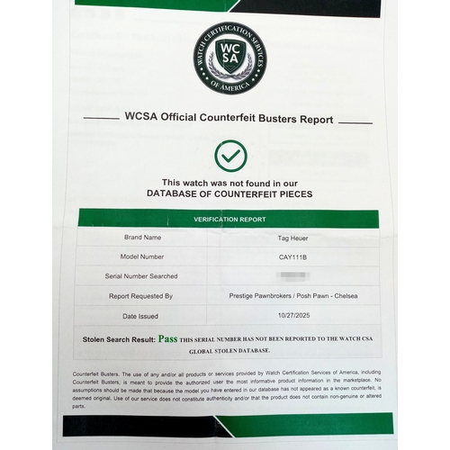 20 - A Tag Heuer Quartz Movement Gents Chronograph Aquaracer WATCH. Model CAY111B. Stainless steel bracel... 