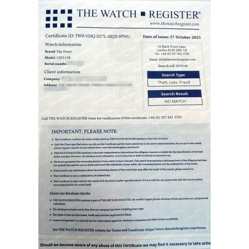 20 - A Tag Heuer Quartz Movement Gents Chronograph Aquaracer WATCH. Model CAY111B. Stainless steel bracel... 