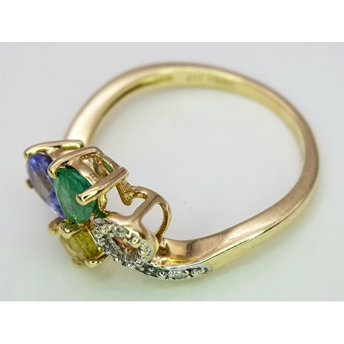 235 - A Pretty and Unique Design 9 Carat Gold Emerald, Tanzanite, Sphene and Diamond Ring Size L1/2. The R... 