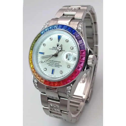 53 - A Custom Rolex Submariner Watch with Rainbow Gem-Set Bezel. Stainless steel diamond set bracelet and... 
