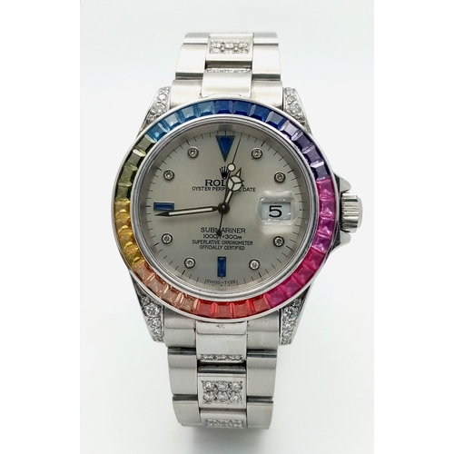 53 - A Custom Rolex Submariner Watch with Rainbow Gem-Set Bezel. Stainless steel diamond set bracelet and... 