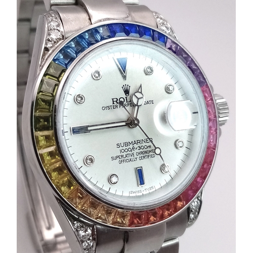 53 - A Custom Rolex Submariner Watch with Rainbow Gem-Set Bezel. Stainless steel diamond set bracelet and... 