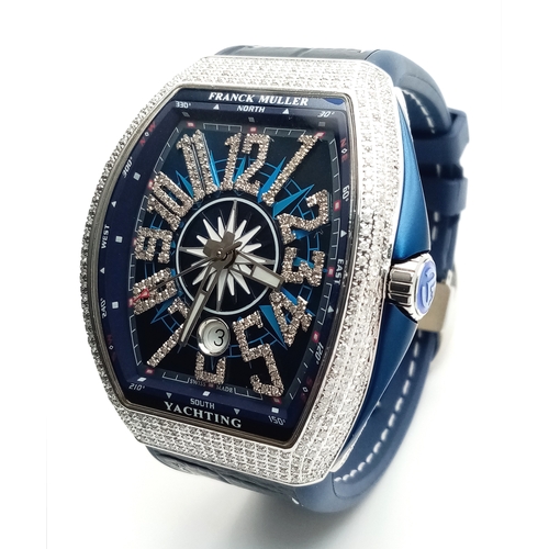 A Franck Muller Yachting Automatic Diamond Gents Watch. Model V45 SC DT. Blue leather strap. Stainless steel diamond set case - 44mm. Blue dial with diamond set markers. In good condition and working order. Note: Diamonds have been professionally custom fitted.