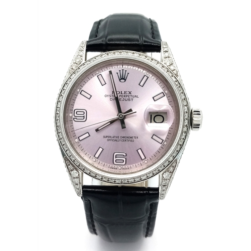 46 - A Rolex Oyster Perpetual Datejust Automatic Diamond Unisex Watch. Black leather strap. Stainless ste... 