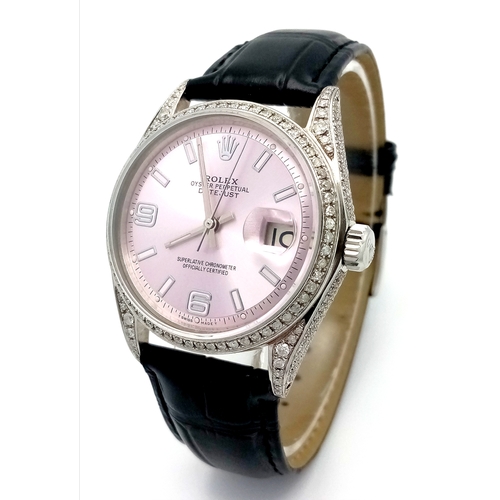 46 - A Rolex Oyster Perpetual Datejust Automatic Diamond Unisex Watch. Black leather strap. Stainless ste... 