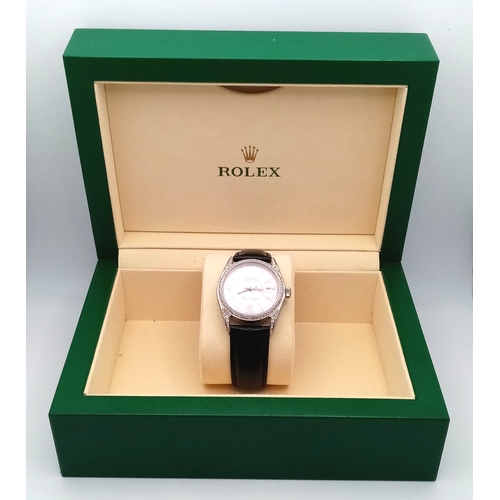 46 - A Rolex Oyster Perpetual Datejust Automatic Diamond Unisex Watch. Black leather strap. Stainless ste... 