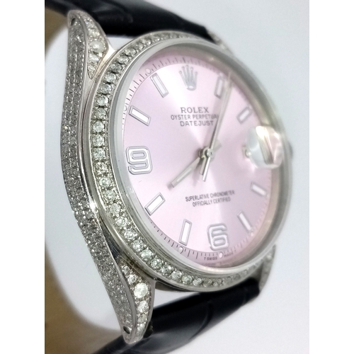 46 - A Rolex Oyster Perpetual Datejust Automatic Diamond Unisex Watch. Black leather strap. Stainless ste... 