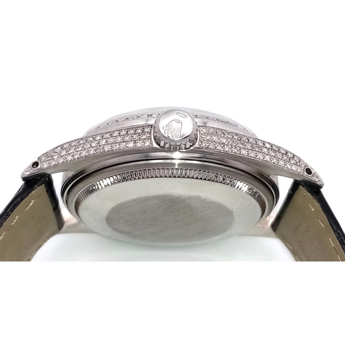 46 - A Rolex Oyster Perpetual Datejust Automatic Diamond Unisex Watch. Black leather strap. Stainless ste... 