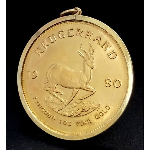 1 - A KRUGERRAND COIN DATED 1980  - 1 OZ OF FINE GOLD (22K) IN A 9K GOLD PENDANT SETTING. KRUGERRAND WEI... 