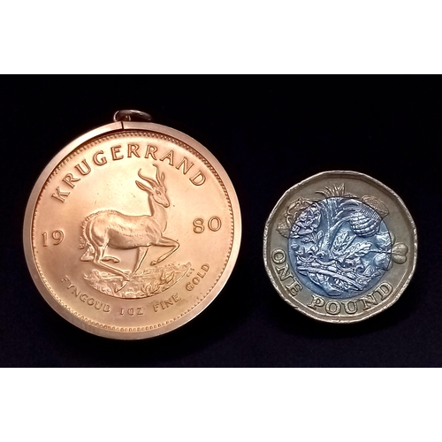 1 - A KRUGERRAND COIN DATED 1980  - 1 OZ OF FINE GOLD (22K) IN A 9K GOLD PENDANT SETTING. KRUGERRAND WEI... 
