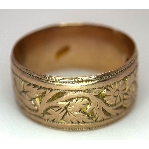 23 - A 9K ROSE GOLD DECORATED BAND RING , 8mm WIDTH     4.4gmd    size R