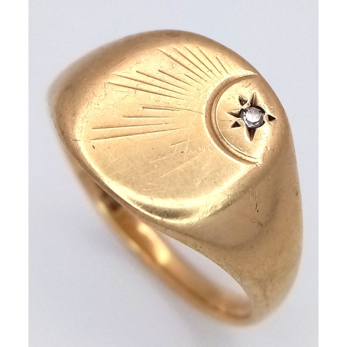 51 - A GENTS 9K GOLD VINTAGE SIGNET RING WITH SMALL DIAMOND .     5.9gms    size U