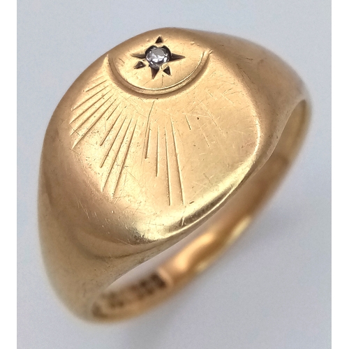 51 - A GENTS 9K GOLD VINTAGE SIGNET RING WITH SMALL DIAMOND .     5.9gms    size U
