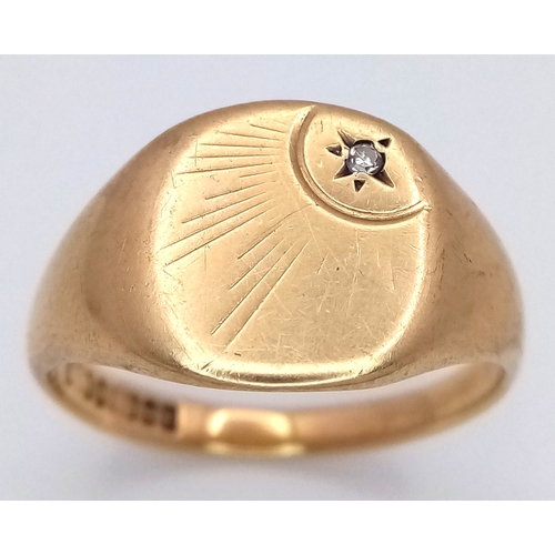 51 - A GENTS 9K GOLD VINTAGE SIGNET RING WITH SMALL DIAMOND .     5.9gms    size U