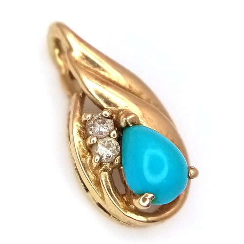 531 - A 14K Gold (tests as) Turquoise and Diamond Pendant. 15mm. 1.2g total weight.